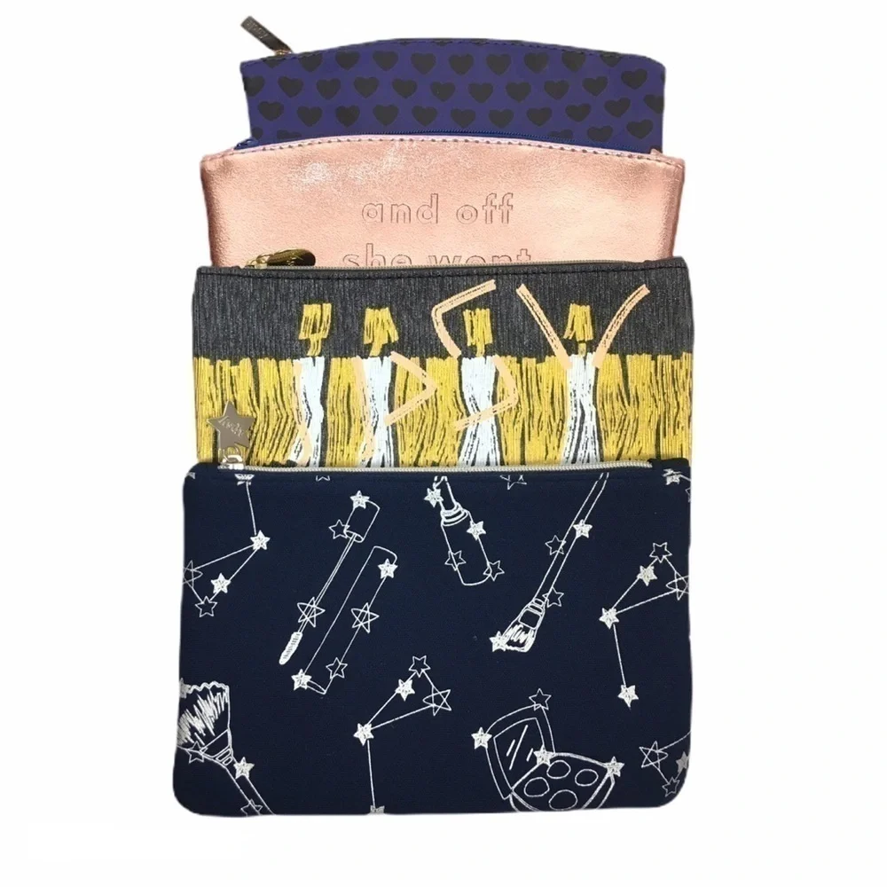IPSY Bags Set of 4 Cosmetic Makeup Zip Pouches Rose Gold Stars Astrology Hearts